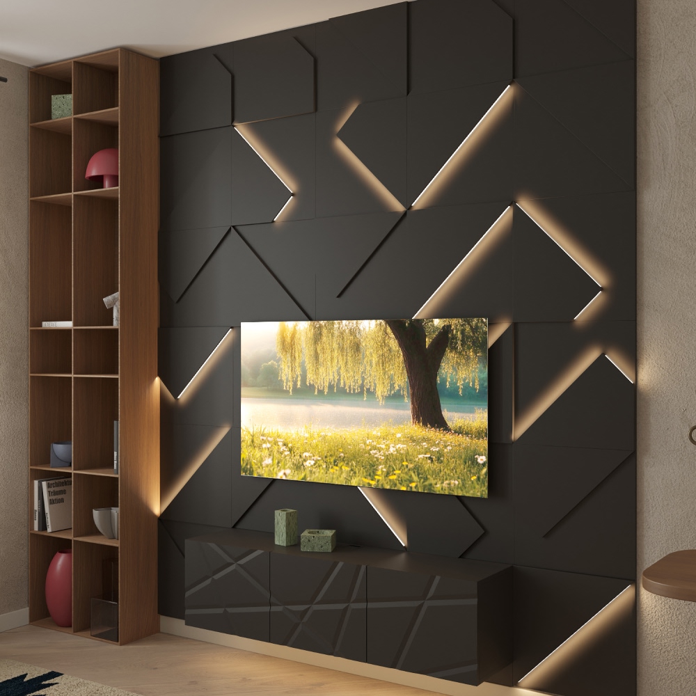 Модульная стеновая 3D панель с LED подсветкой ДАРК ГРЕЙ / FRACTO